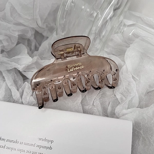 Macro detail of amber brown translucent hair claw with gold Barrette La France text