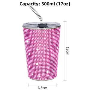 Detail view of 17oz glitter tumbler with pink rhinestones and stainless steel straw