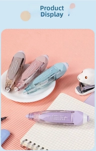 Macro detail of CR-2025 retractable correction tapes in four soft pastel colors
