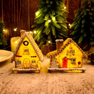 Christmas glowing resin miniature house with LED light and snow detail desktop decor