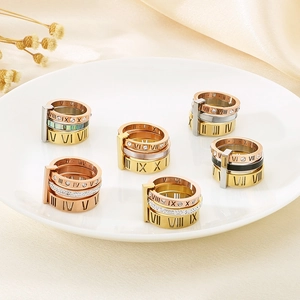 Three-color stainless steel rings set with Roman numerals and crystals on a white plate