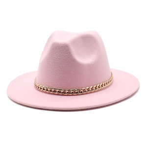 Pink wool jazz hat with elegant wide brim and decorative gold chain accessory