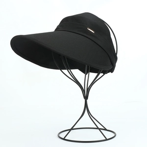 Detail of wide brim black sun hat featuring a decorative gold metal plaque on the side