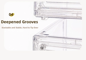 Detail of deep slot design for stable stacking on transparent storage boxes