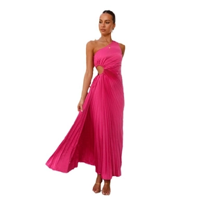 Elegant rose red one-shoulder pleated maxi dress with waist cutout and slim fit silhouette