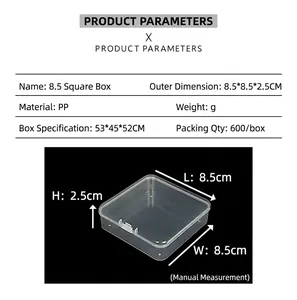 Detail view of 8.5x8.5x2.5cm transparent PP square storage box with dimensions