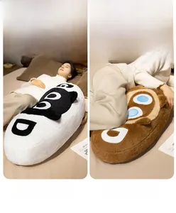 Plush cat body pillow for back and side sleep support in home bedroom setting