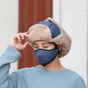 Winter thermal trapper hat with mask, denim blue fabric and thick camel faux fur lining
