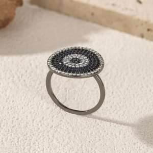 Luxurious S925 sterling silver evil eye ring featuring blue, black, and white cubic zirconia
