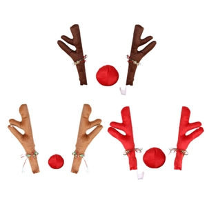 Plush Christmas reindeer car decoration kit with brown and red antlers and jingle bells