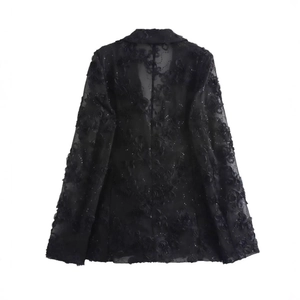 Blazer noir en dentelle à paillettes pour femmes avec broderie florale vue de dos