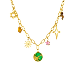 Gold chain necklace with celestial sun, green enamel pendant and mixed gemstone charms