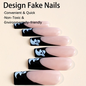 Halloween ghost pattern coffin press on nails with black French tips and light blue ghost art