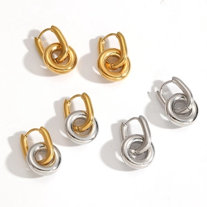 Set of minimalist double-hoop stainless steel earrings in gold, silver, and mixed tones