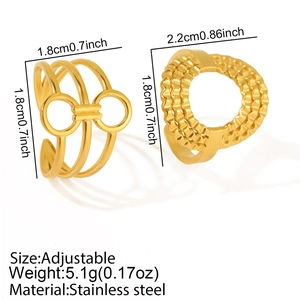 Macro detail of adjustable gold stainless steel ring set showing exact size dimensions