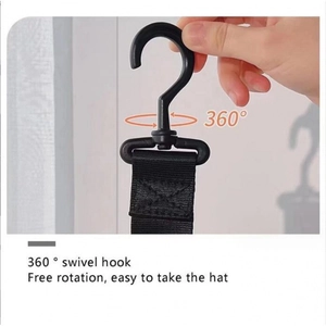 360-degree swivel hat storage rack with durable black plastic hooks and nylon webbing strap
