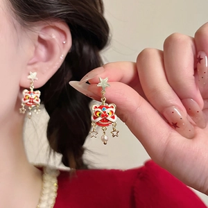 Chinese style red dancing lion earrings with tassel and star studs for women