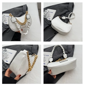 Detail view of white hobo bag with chunky gold chain and woven handle in four angles