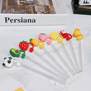 Reusable high borosilicate glass straws with cute 3D cartoon silicone covers and plugs