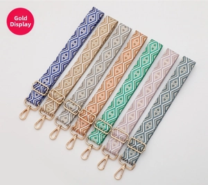 Close-up of adjustable woven shoulder straps with geometric patterns and gold hardware
