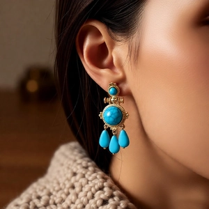 Detailed close-up of vintage gold-tone drop earrings with turquoise stones on a model