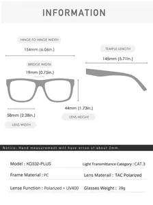 Size chart showing dimensions for square polarized sunglasses model KD332-PLUS
