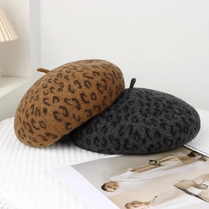 Chic leopard print wool beret hats in brown and dark grey colors for women