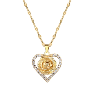 Elegant gold titanium heart necklace with a 3D rose and sparkling zircon accents