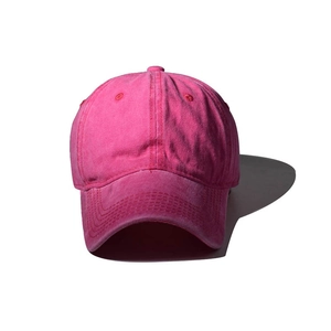 Front view of washed cotton rose red baseball cap with retro vintage distressed texture