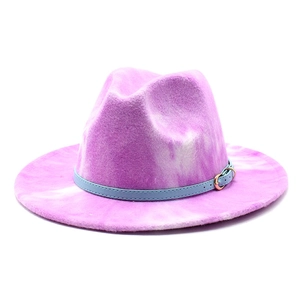 Purple and white tie-dye wool fedora hat with light blue leather strap and gold buckle