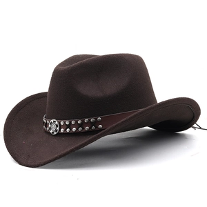Brown wool felt western cowboy hat with metal studded leather band on white background
