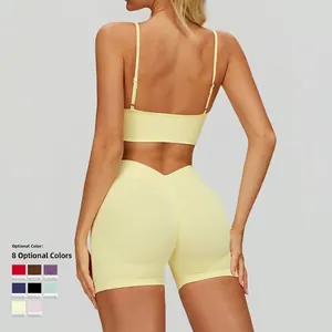 Ensemble de yoga côtelé sans couture jaune pâle avec short taille en V et brassière