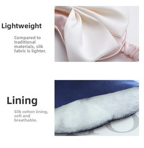 Detail of pink silk sleep mask with white satin bow and soft cotton filling texture