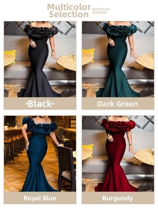 Collage of off-shoulder mermaid evening dresses in black, green, blue and red colors