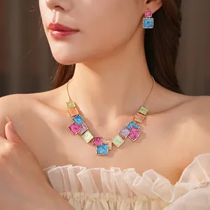 Colorful geometric drip oil jewelry set with square pendant necklace and earrings