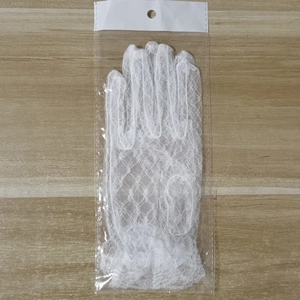 Elegant white tulle lace bridal gloves for weddings and stage performances in clear packaging