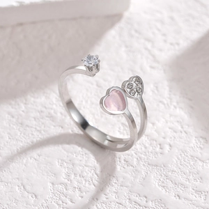 Adjustable silver stainless steel open ring with pink heart stone and sparkling gems