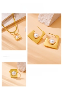 Detailed view of gold-plated geometric square jewelry set with pearls and snake chain