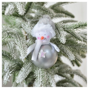 Close-up of plush snowman head on silver bauble with star detail for Christmas tree decor