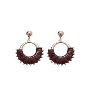 Vintage silver metal round drop earrings with dark red leather weaving and bead trim