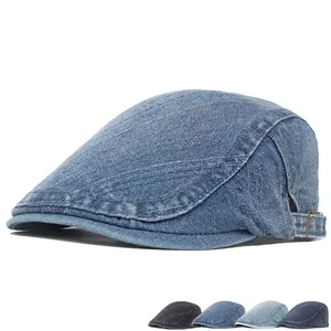 Coppola Ivy In Denim Lavato Cotone Vintage Britannico Flat Cap Con Fibbia In Metallo Regolabile