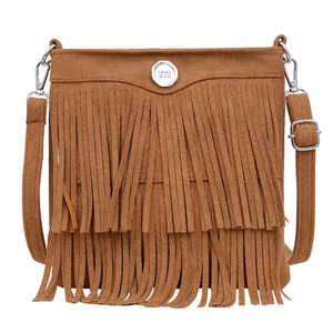 Brown suede shoulder bag featuring long tassels and circular silver metal E logo