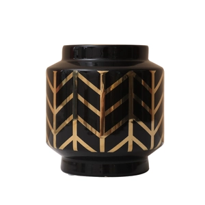 Vaso decorativo moderno in ceramica nera con motivo geometrico dorato lucido elegante