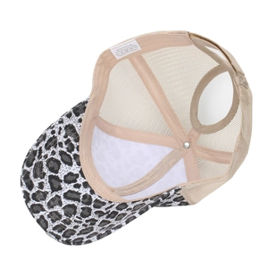 Top view of leopard print high ponytail baseball cap with breathable mesh and wash label