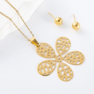 Golden stainless steel jewelry set featuring hollow five-petal flower necklace and ball studs