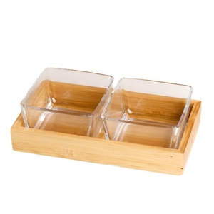 Nordic transparent square glass dishes set with a bamboo tray for fruit and snacks
