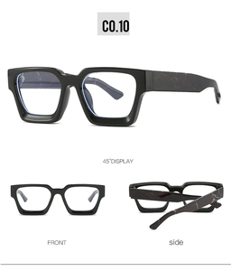 Detail view of square black eyeglasses with stylish marble textured temples from three angles