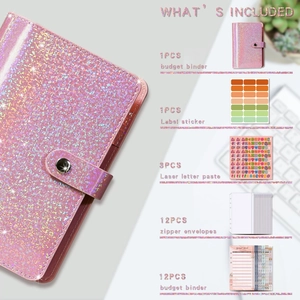 Pink glitter A6 PU leather budget binder set with zipper envelopes and stickers