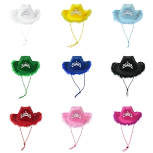 Women Western Cowboy Hat With Faux Feather Trim And Rhinestone Tiara Crown Adjustable Drawstring Party Costume Accessory