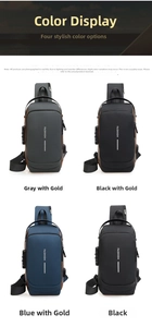 Detail view of anti-theft chest bag showing four color variants and USB charging port